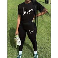 Spring and summer casual two-piece set, expressing love, round neck short sleeved T-shirt and pants set, women's clothing
