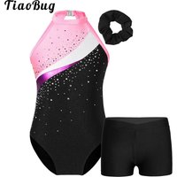 Kids Girls Gymnastics Leotards Ballet Dance Outfits Rhinestone Athletic Biketard Shorts Set Workout Figure Skating Bodysuit