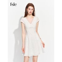 FSLE Women's 2026 Summer New Arrival French Pastoral Style V-Neck Lace Spliced Embroidered Dress Openwork Floral Plaid Pattern