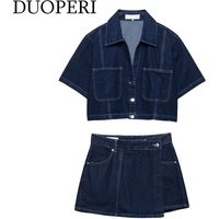 DUOPERI Women Fashion 2 Piece Sets Denim Navy Blue Short Sleeves Shirts & Casual Skirt Skort Female Chic Shorts Sets