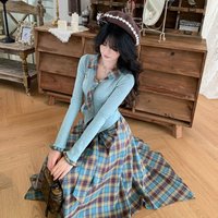 French Elegant Vintage 2-Piece Set Patchwork Polo Shirts Plaid High Waist Skirt Slim Retro Sweet Young Women Princess Stylish