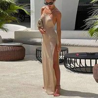 Women Cover Ups Sexy Hollow Out Dresses Spliced Sleeveless Split Long Dress Swimwears Sling Backless Knit Y2k Summer Beach