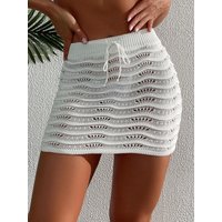 Women's Crochet Knit Mini Skirt High Waist Hollow Out Drawstring Bodycon Short Skirt Summer Beach Sexy White Skirt