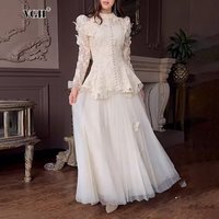 VGH Elegant Solid Two Piece Sets For Women Stand Collar Long Sleeve Spliced Appliques Tops High Waist Mesh Skirt Chic Set Female