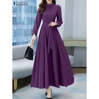 ZANZEA Women Long Sleeve A-line Sundress Spring Long Dress Autumn Solid Party Holiday Maxi Dresses Vestidos Femme Vintage Robe