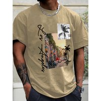 Men's summer 100% pure cotton fashionable casual sports loose pattern print round neck short sleeved T-shirt top