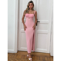 Women's Elegant Pink Bodycon Maxi Dress, Square Neck Sleeveless Dress with Gold Buckle Belt, High Slit Formal Evening Gown for P