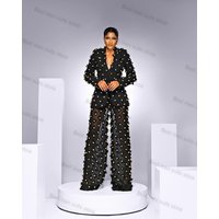 Black Women Suit Pants Set 2 Piece Blazer+Sheer Trouser Formal Office Jacket Flower Golden Beads Customized Wedding Tuxedos Coat