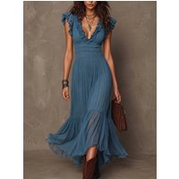 Ruffle V Neck Maxi Dress for Women Cap Flutter Sleeve Waist Pleated Flowy Chiffon Tiered Boho Vintage Ruffle Retro Dress