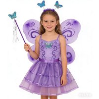 Girls Butterfly Fairy Costume Set, 4-Piece Princess Wings Tutu Wand Headband for Halloween Cosplay Party Role Play Performance
