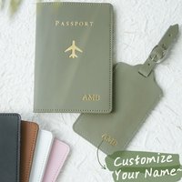 2PCS Custom Name Passport Holder Stamping Personalized Golden Monogram Passport Cover Foldable Leather Passport Case Luggage Tag