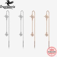 TrustDavis Real 925 Sterling Silver Sweet Star Shiny CZ Earrings For Women Fashion Korean Long Ear Line Party Jewelry DA2540