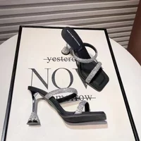 2024 Summer Sexy Fashion Open Toe Women's Sandals Water Diamond Shining Square Headed Banquet Women's High Heels Large Design