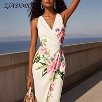 Sexy V Neck Bodycon Vacation Maxi Dress Woman Spring Floral Print Pleated Long Party Dress Summer Sleeveless Bohemian Sundresses