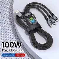 100W Fast Charging Cable Multi Charger Cable Nylon Braided Multiple USB 3 in 1 Charging Cord Charger with Type-C Micro