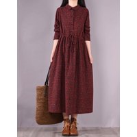 Women's A-Line Midi Dress Belted Slimming plus Size Base Layer Dress Cotton Long Sleeve round Neck Mid-Length Gown