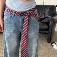 Women's Retro Wine Red Striped Necktie Hand-tied Scarf Neck Accessory Paired Stylish Distinctive Jeans Belt Layering Accessory
