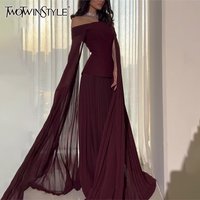 TWOTWINSTYLE Solid Two Piece Set For Women Slash Neck Batwing Sleeve Tunic Top High Waist Loose Skirt Elegant Sets Female New