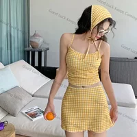 New 2025 Three-Piece Swimsuit Slimming Cover-Up Holiday Beauty Checkered Pattern Conservative Korean Style Bikini Set