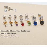 Minimalism Classcial Stainless Steel With Multi-Colored AAA Zircons Push Back Stud Earrinngs For Men Women 2PC Delicate Jewerlry