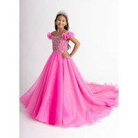 Snvdzo Off Shoulder 3D Flower Sleeve Pageant Dress Crystal Beaded Bodice Flower Girl Dress For Wedding Pageant Birthday Party