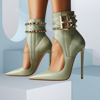 Green Rivet Decor Hollow Sandal Boots Stiletto Heels British Style Design for Women Party Dress Sandals 2025 Zapatos Para Mujere