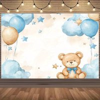 1 Teddy bear-themed polyester banner with balloons, stars and clouds - perfect for birthday parties and photography backgrounds