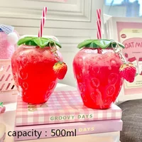 500ml Creative Portable Summer Cute Strawberry Straw Water Bottle Milk Coffee Straw Cup for Camping Home Water Bottle with Straw