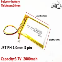 JST PH 1.0mm 3 pin Good Qulity 3.7V lithium battery early 103450 2000mAh headlight GPS navigator general polymer batteries
