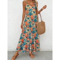 Women's Tropical Monstera Print Spaghetti Strap Maxi Dress, Summer Casual V Neck Flowy A-Line Beach Sundress