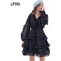 ELFSACK 2025 Winter New Arrivals Casual Elegant Floral Print V-Neck Lantern Sleeve Lace Trim Dress For Woman