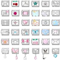 Zircon Pink Bow Knot Heart Butterfly Star Cherry Pendant Italian Charm Links Fit 9mm Stainless Steel Bracelet Women DIY Making