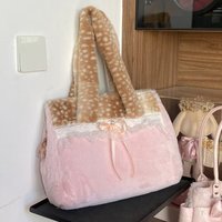 Cute Pink & Brown Plush Tote Bag Lace Bow Decor Soft Shoulder Bag Sweet Lolita Style Large-capacity Handbag Furry Crossbody Bag