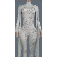 Women Sexy Spandex Tight Fitting Jumpsuit Sparkly Crystals Tassel Jumpsuit Nightclub Celebrate Bar Performance Outfit Guoqing