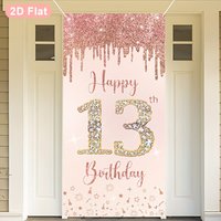 1 item, a happy 13th birthday banner, rose gold birthday polyester flag, birthday party decoration