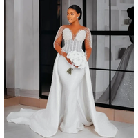 Customized Elegant Sweetheart Mermaid Wedding Dress Detachable Train Phantom Long Sleeve Satin Pearl Bridal Dress