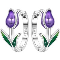 PANPOKI S925 Sterling Silver Purple Tulip Flowers Earrings Hoop Earrings Women Jewelry Original Trendy Anniversary Gifts
