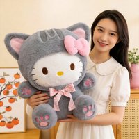 Peluche chat gris mignon Hello Kitty 20/30/45/60CM avec nœud à carreaux, jouet en peluche Kt, coussin doux, décoration de chambre, cadeau d'anniversaire