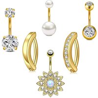 6pcs/lot Reversed Bar Fake Pearl Belly Button Rings Sets Snake Butterfly Dangled Curved Zircon Belly Piercing Navel Ring Jewelry