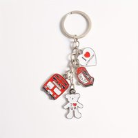 London Theme Keychain – Cute UK Bear & Double Decker Bus Keyring with Phone Booth Charm, Travel Souvenir Gift