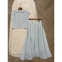 Summer top light purple green linen set elegant lapel single breasted vest high waist pleated hem skirt two-piece set