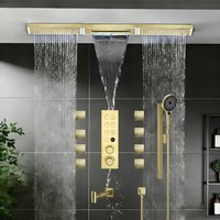 Qlonn Luxuriou Shower Set LED Lighting Rain/Waterfall Shower Head Bathroom Thermostat Diverter Powerful 2 Functions Body Jet
