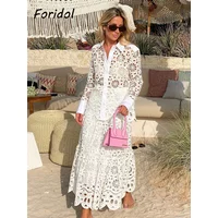 Spring Women Summer White Lace Dress Set Hollow Out Embroidery Shirt Skirt 2 Pcs Robe Outfits Single Breasting Cotton Maxi Dress