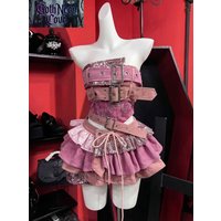 2000s Aesthetic Punk Style Women New 2 Piece Set Sexy Strapless Tops + High Waist Skirt Female Retro Chic Korean Popular Clothes