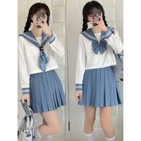 Blue JK Uniform Summer long Sleeve Japanese School Uniforms Girls Sailor Sets Pleated Skirt JK Uniform Costume