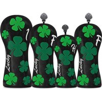 Deep Black Four-Leaf Clover Golf Putter Head Cover - Lucky Charm Design with Green Clovers & White Four-Leaf Clover