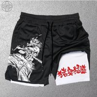Demon Slayer Print Men's Shorts Summer Women's Double Layer Shorts Gym Running Sports 2-in-1 Pant Breathable Quick-Drying Shorts