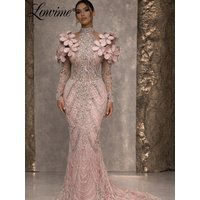 Exquisite Pink Evening Dress 2026 Long Sleeves Handmade Floral Mermaid Diamonds Pearls Wedding Party Gowns Prom Dress Customized