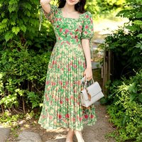 Stylish Floral Printed Dress ZANZEA Summer Bohemain Holiday Sundress Women Square Neck Party Dresses Short Sleeve Pleated Robe