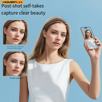 Mini mobile phone selfie sharing device, rear camera for self-takes, display for sharing, wired mobile phone sharing screen